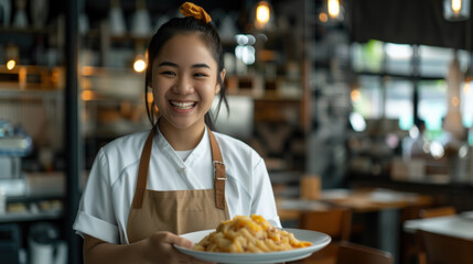 Friendly smiling female waiter with a dish in restaurant setting