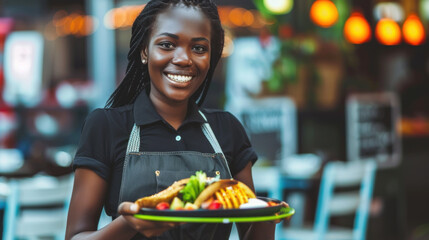 Friendly smiling African-American waitress with a dish in restaurant setting