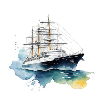 recommend clip art: Watercolor illustration of ship in ocean, watercolor clip art on white background
