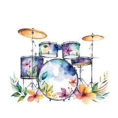 Fototapeta na wymiar Drum kit isolated on white, with floral elements, watercolor musical instrument clip art