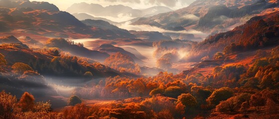 Scottish Highlands in autumn: a patchwork of fiery foliage and misty hills