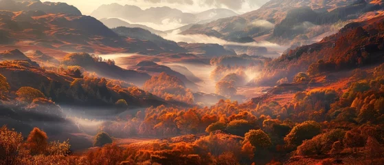 Foto op Canvas Scottish Highlands in autumn: a patchwork of fiery foliage and misty hills © Artem