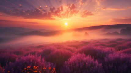 Fototapeta na wymiar Sunrise Over Misty Flower Field