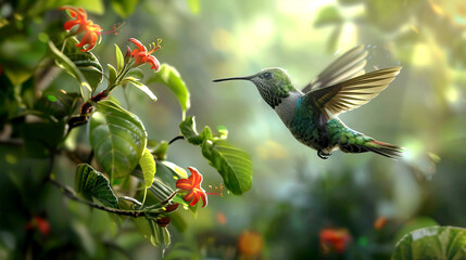 Graceful Hummingbird Hovering Near Vibrant Red Flowers with Lush Green Foliage Background