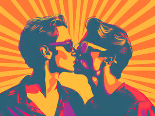 Silhouetted gay Couple Kissing with Vibrant Sunburst Background in Pop Art Style illustration