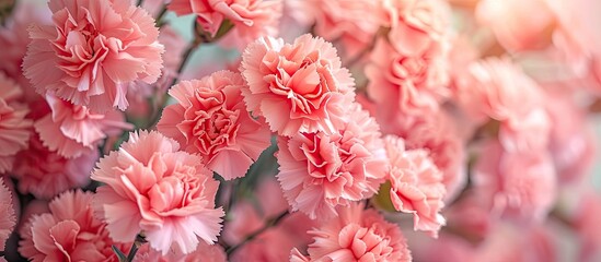 A bunch of beautiful pink carnation flowers displayed on a floral background in a vase, adding a touch of elegance to any room.