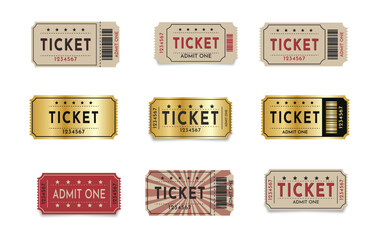 Admit one ticket design vector template. Ticket gold coupon vector design template set collection  - obrazy, fototapety, plakaty