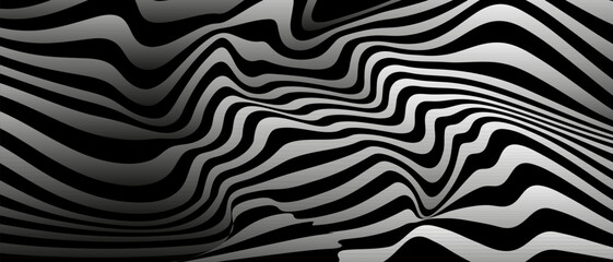 3D Black and white Abstract Neon Groovy Hippie 70s background. Waves, Swirl, Twirl pattern. Halftone Twisted and distorted vector texture in Trendy Retro Psychedelic style. Y2k Vector aesthetic.