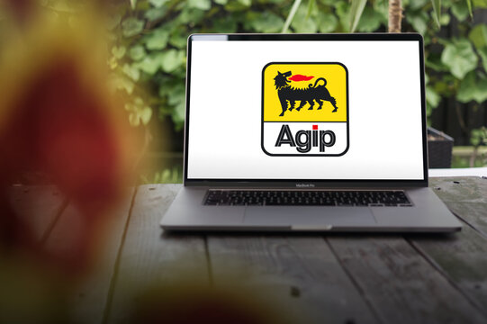 Agip logo, Italian automotive gasoline, diesel, LPG, lubricants, fuel oil, and bitumen retailer, displayed on MacBook Pro screen