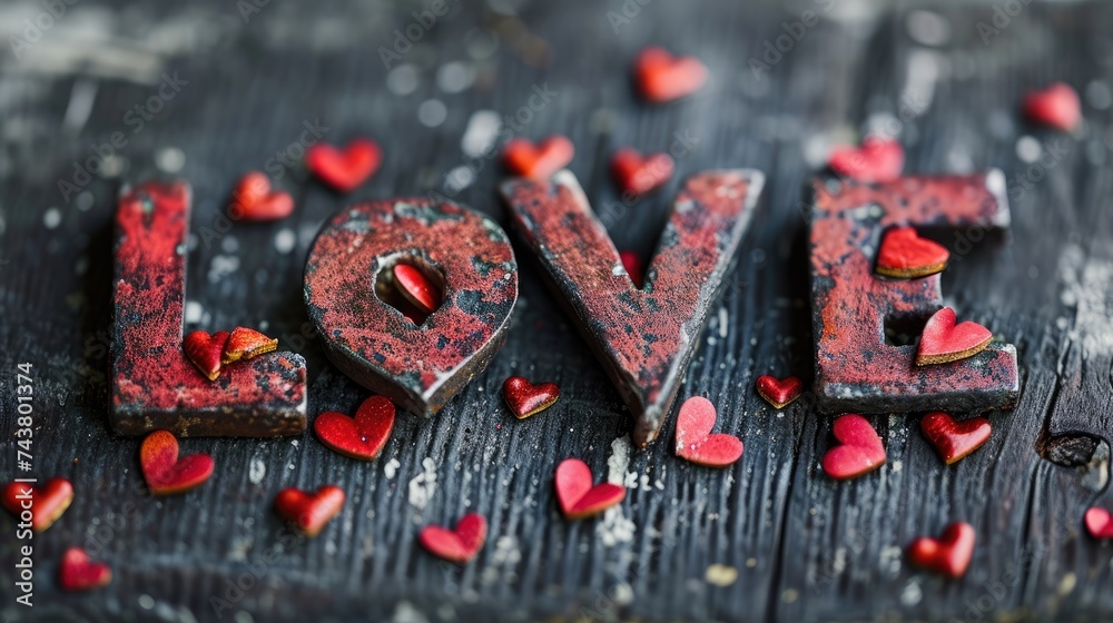 Poster the word love is spelled out with red hearts on a wooden surface, creating a romantic and charming d
