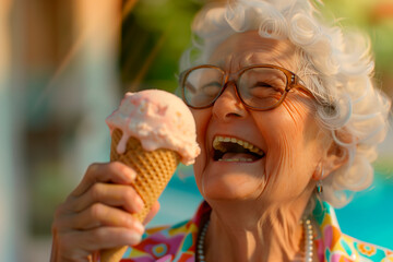 Portrait of a laughing and happy grandmother eating an ice cream cone in her hand in the hot summer.