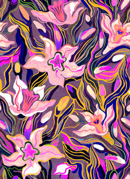 Spring freehand daffodil flowers abstract hand drawn seamless pattern. Artistic botanical elements drawn by hand of acrylic paints on wrapping paper texture in natural earth tones. 