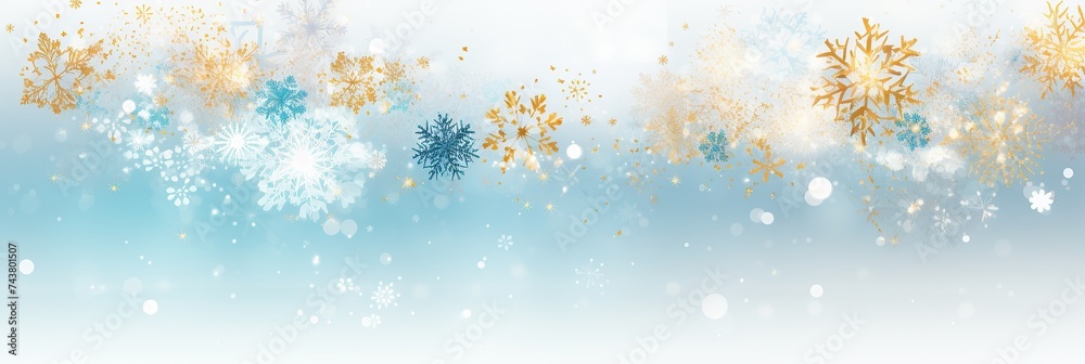 Poster a mesmerizing blue and gold background adorned with delicate snowflakes, creating a serene and magic