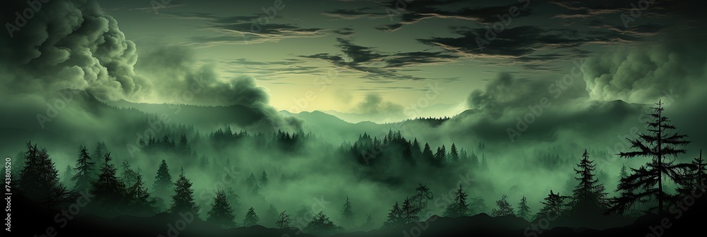 Poster green forest illuminated by the light of a full moon, casting its ethereal glow on the trees and fol