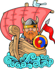 medieval Scandinavian viking on a ship, design illustration - 743801769