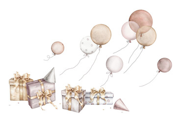 Watercolor gift boxes with gold bows and balloon for birthday . party popper and exploding confetti. Hand drawing illustration on isolated background. For holidays design pastel colors.