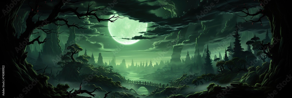 Poster a mysterious, dark forest shrouded in shadows, illuminated by the soft glow of a full moon rising in