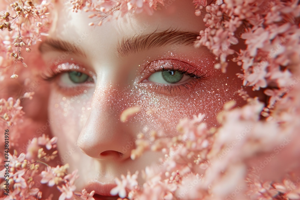 Poster a close-up image of a womans face framed by delicate pink flowers, creating a dreamy and enchanting 