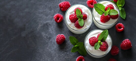 Vibrant top view of yogurt and fresh raspberries on a background, creating a fresh composition.