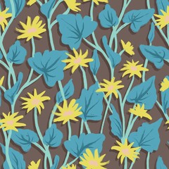 Hand drawn seamless pattern with yellow lesser celadine flower with blue leaves. Wildflower floral pastel calm print, garden forest wood plant, nature small buttercup bloom blossom.