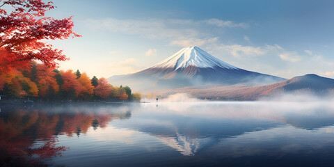 A painting of a mountain with a red leaf in the foreground and a lake in the background, colorful autumn leaves and Mount Fuji and red leaves at Lake Kawaguchiko are among the best in Japan - obrazy, fototapety, plakaty