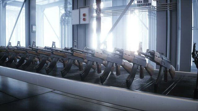 Russian machine gun AK 47 production factory. War concept. Realistic 4k animation.