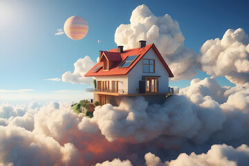 3d house floating on clouds
