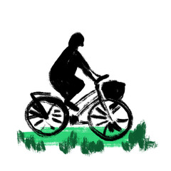 Obraz na płótnie Canvas Hand drawn illustration of woman riding bicycle bike, black silhouette with green grass. City life transport transportation print, eco concept leisure activity outdoors, trendy active modern ride