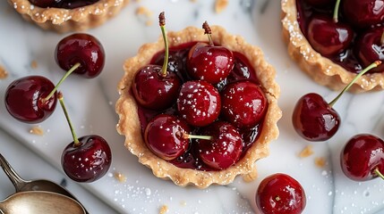Cherry mini tart on white cutting board with vintage teaspoons, top view in rustic setting. - obrazy, fototapety, plakaty