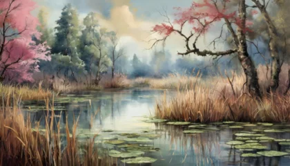 Foto op Plexiglas Abstrakcyjny krajobraz, dzikie mokradła. Tapeta, dekoracja. Generative AI © mycatherina
