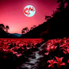 red lily camp, pink sky, big moon, landscape