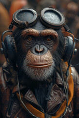 Portrait of chimpanzee dressed in vintage aviator jacket and aviator glasses listening to music on headphones.