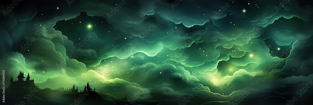 Poster A mesmerizing painting featuring a night sky filled with twinkling stars and wispy clouds, creating a serene and dreamy atmosphere
