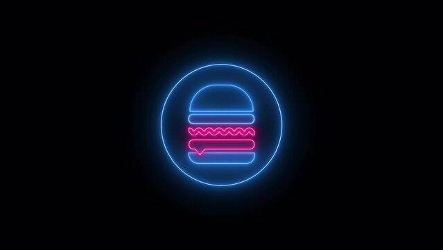 Food burger neon signboard glow light on transparent background. Glowing large signage concept animation with alpha channel.