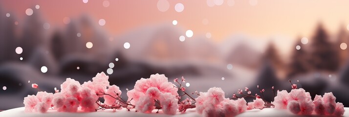A tranquil snowy landscape filled with delicate pink flowers blooming near snow-covered trees on a serene winter day - obrazy, fototapety, plakaty