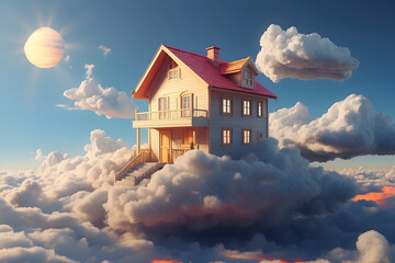 3d house floating on clouds