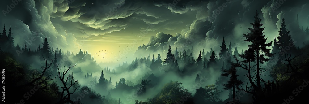 Poster a mystical forest scene where thick clouds hang low, filling the sky. sunlight filters through the c