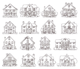 vector sketch set of american brick and wooden  houses
