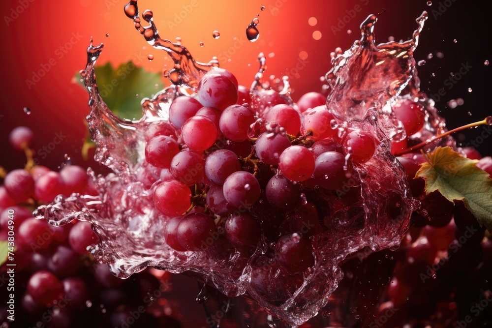 Aufkleber juicy purple grapes are being showered with vibrant splashes of water, creating a dynamic and refres