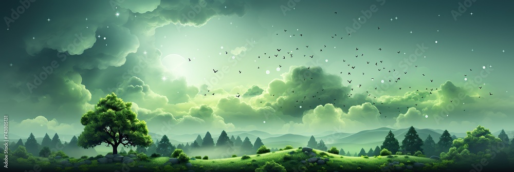 Aufkleber A serene painting depicting a lush green landscape with tall trees reaching towards the sky, creating a tranquil and harmonious atmosphere