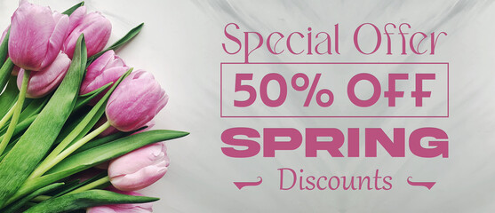 Special offer 50 % off spring discounts banner with pink tulips spring flowers on a white marble texture background wide banner for web or print. Pink typographic text badge design