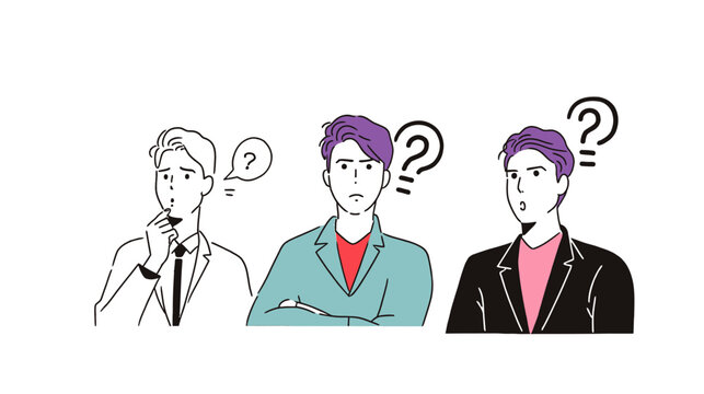 Vector illustration of a group of men with question marks on their faces.