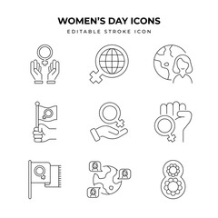 Set of Women's Day Icon Packs. Simple line art and editable stroke, color, and size, icon packs. women's day, march, feminism, equality, icon, empowerment, activism, liberation, solidarity, unity