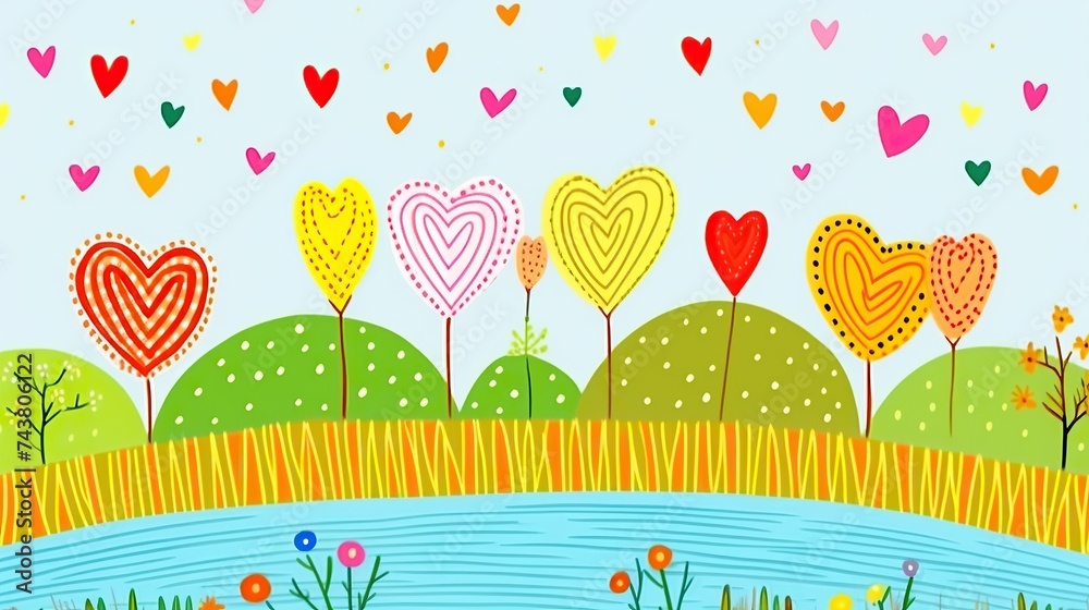Poster A mesmerizing painting showing a serene river with delicate hearts floating gently on its surface, creating a feeling of love and tranquility