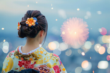 花火を見る浴衣姿の女性