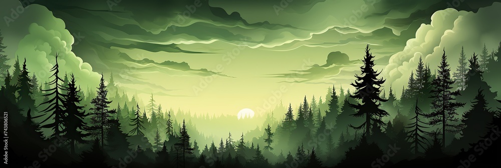 Poster a mystical forest depicted under a moonlit sky, with shadows of tall trees and twinkling stars creat