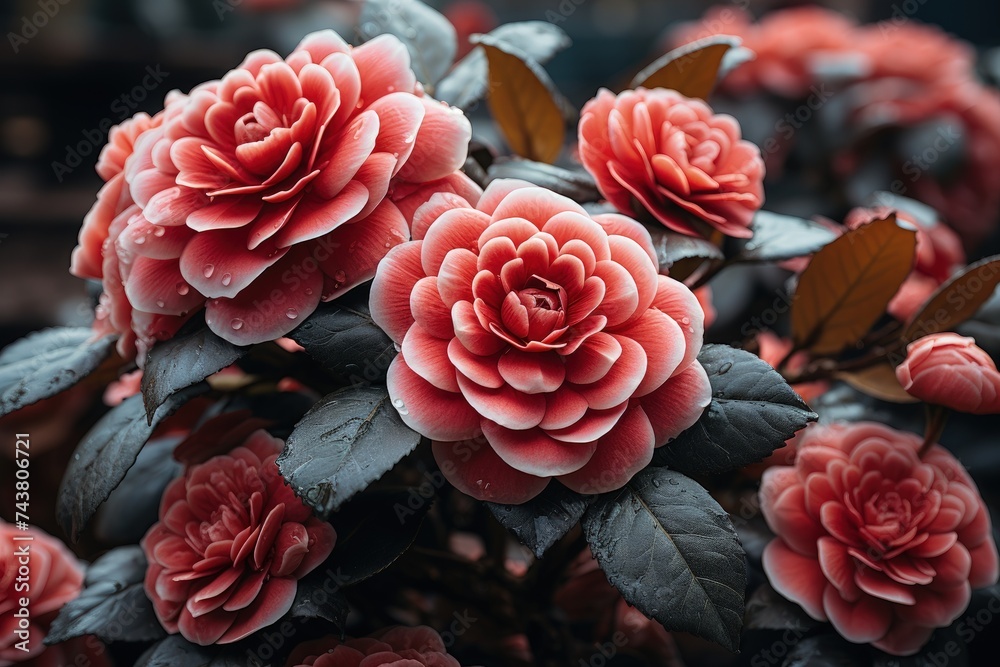 Canvas Prints A cluster of vibrant red flowers adorned with lush green leaves swaying gracefully in the wind