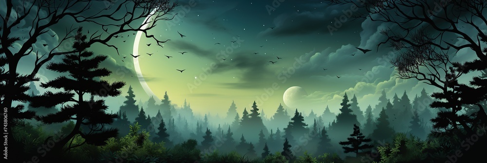 Poster A dense forest is illuminated by the soft light of the full moon, casting eerie shadows on the trees and the forest floor below