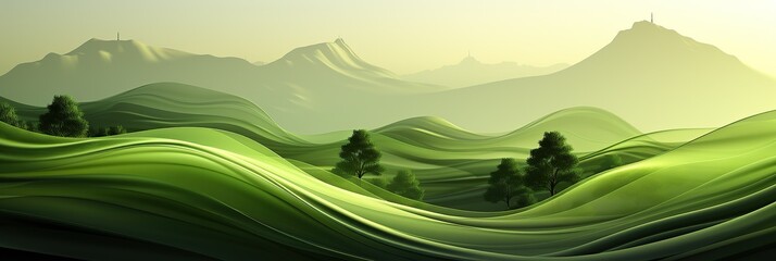 A vibrant green landscape stretches out in the foreground, leading to towering mountains in the distance. The scene is peaceful and captivating