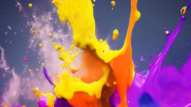 Splash of rainbow paint with drops. Liquid color paint falls, spills and splashes. Dynamic colorful abstract vibrant liquid paint in motion releasing burst of energy.